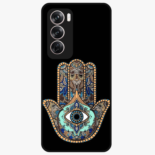 Mystic Hamsa Eye Glass Case showing flat back view with protective hamsa hand and evil eye artwork and glossy glass finish.