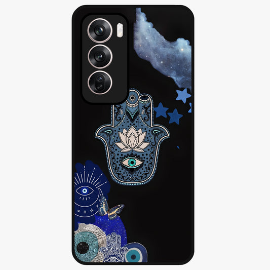 Mystic Hand Aura Glass Case showing flat back view with mystical hand symbol artwork and glossy glass finish.