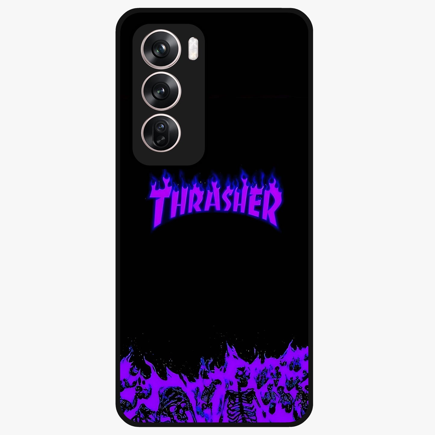Neon Flame Riot Glass Case showing flat back view with neon flame artwork and glossy glass finish.