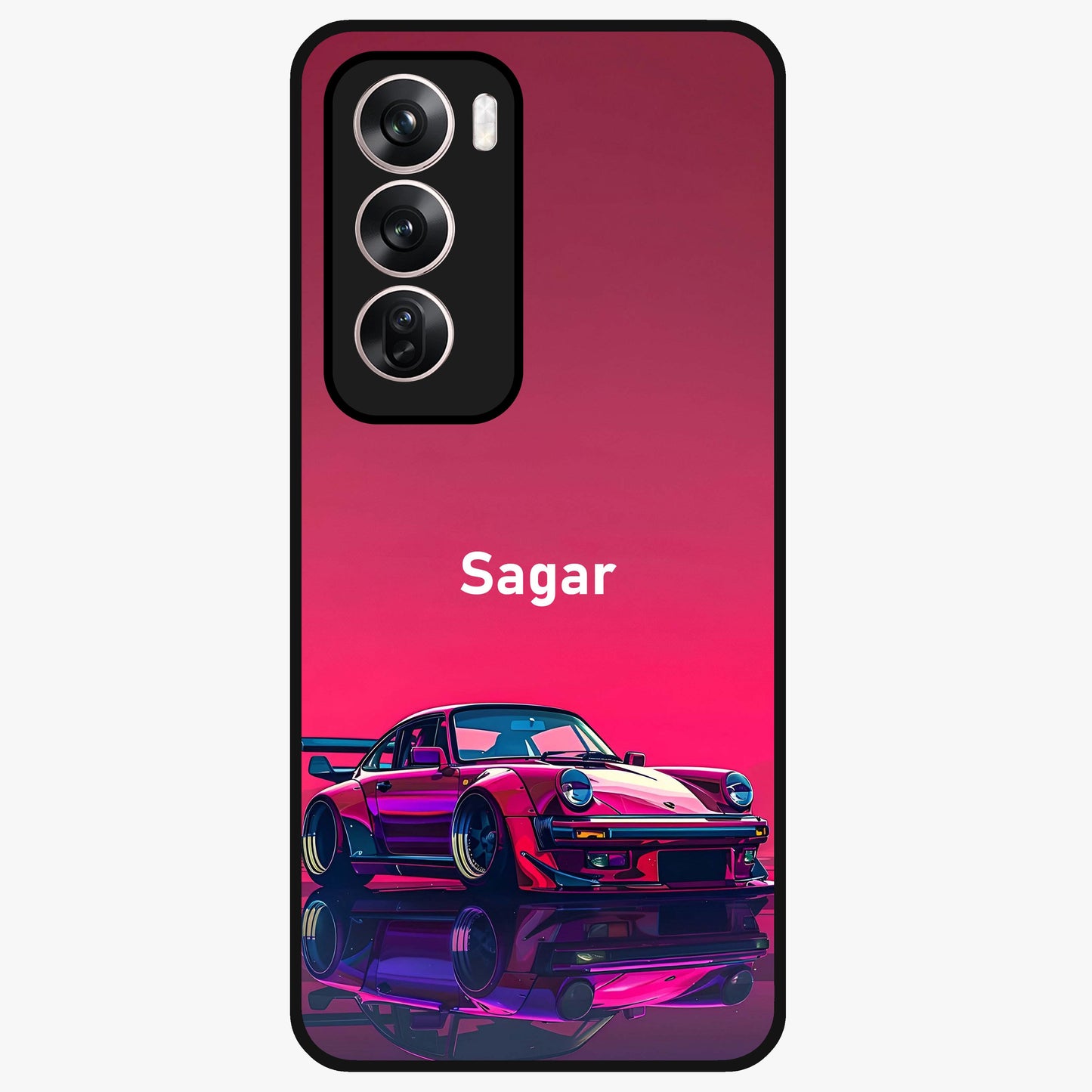 Neon Pink Porsche Glass Case showing flat back view with stylish sports car artwork and glossy glass finish.