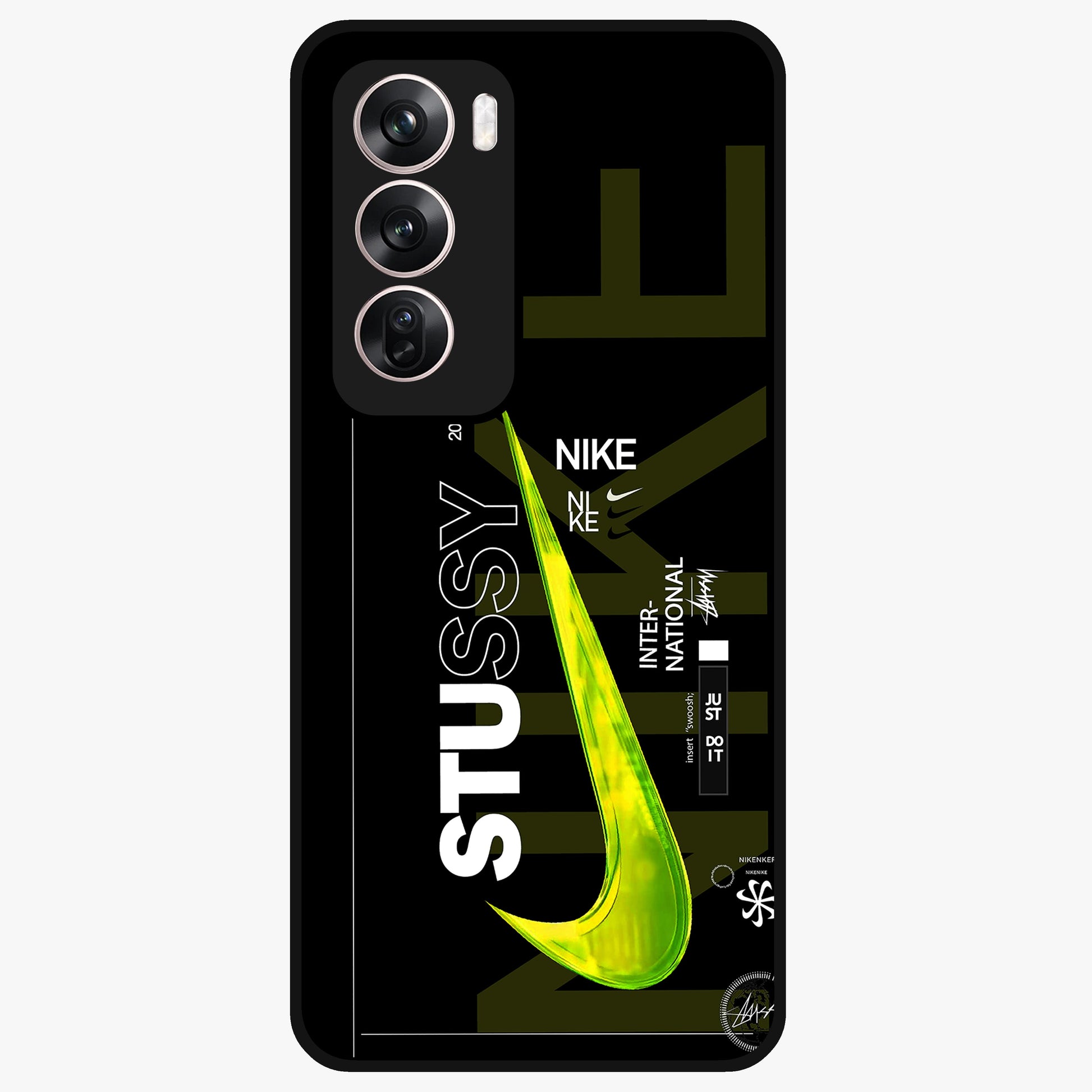 Neon Street Edition Glass Case showing flat back view with neon street style artwork and glossy glass finish.