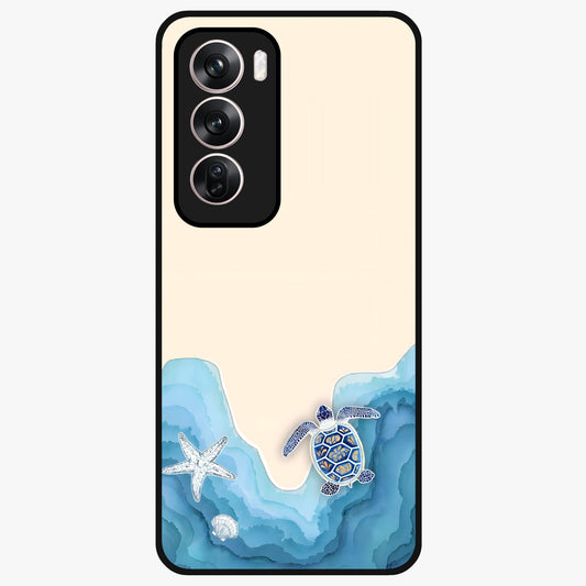 Ocean Drift Turtle Glass Case showing flat back view with sea turtle artwork and glossy glass finish.