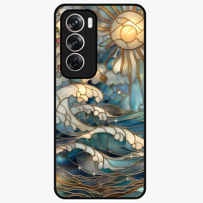 Oceanic Stained Printed Glass Case showing flat back view with ocean inspired stained pattern artwork and glossy glass finish.
