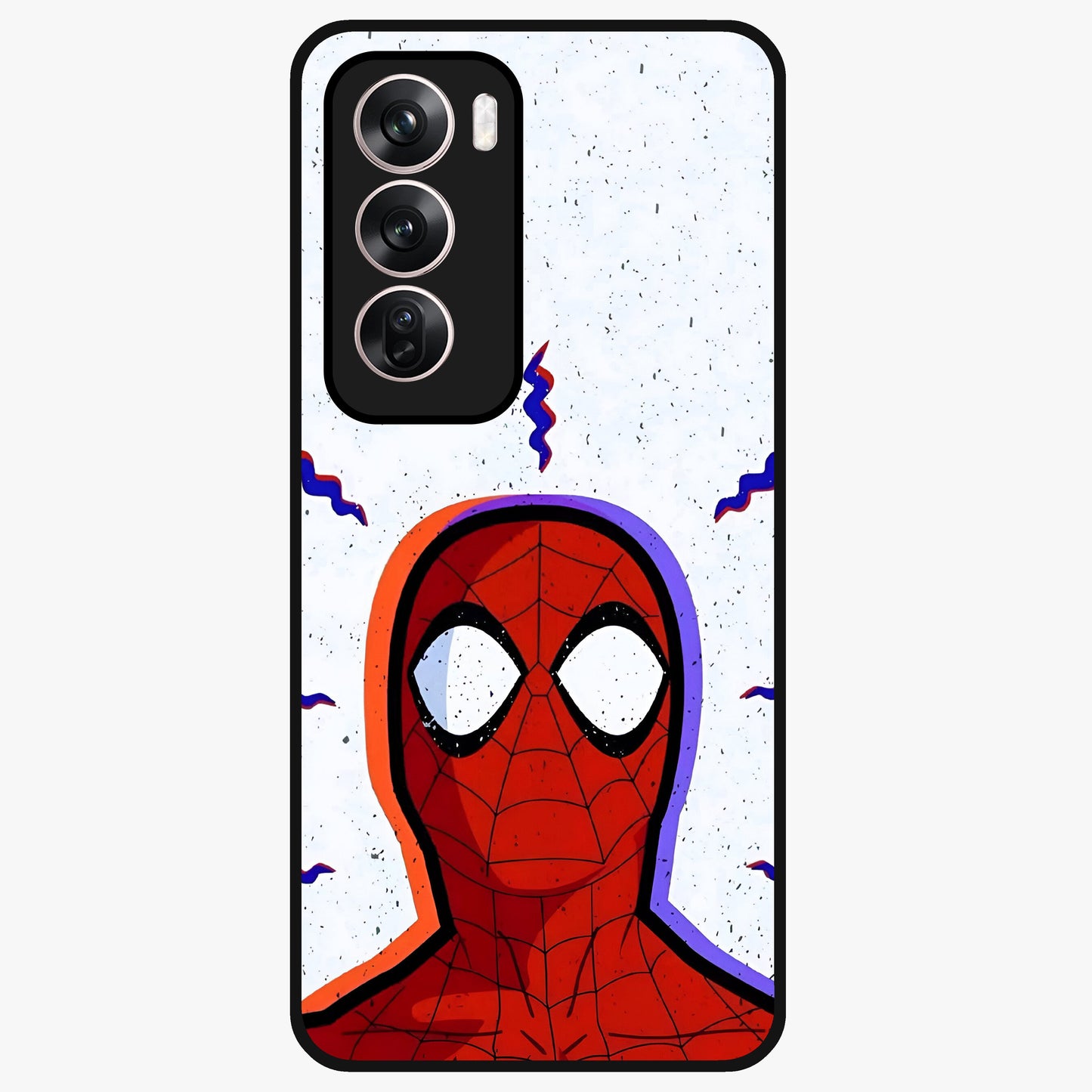 Omg Spiderman Glass Case showing flat back view with bold superhero inspired artwork and glossy glass finish.