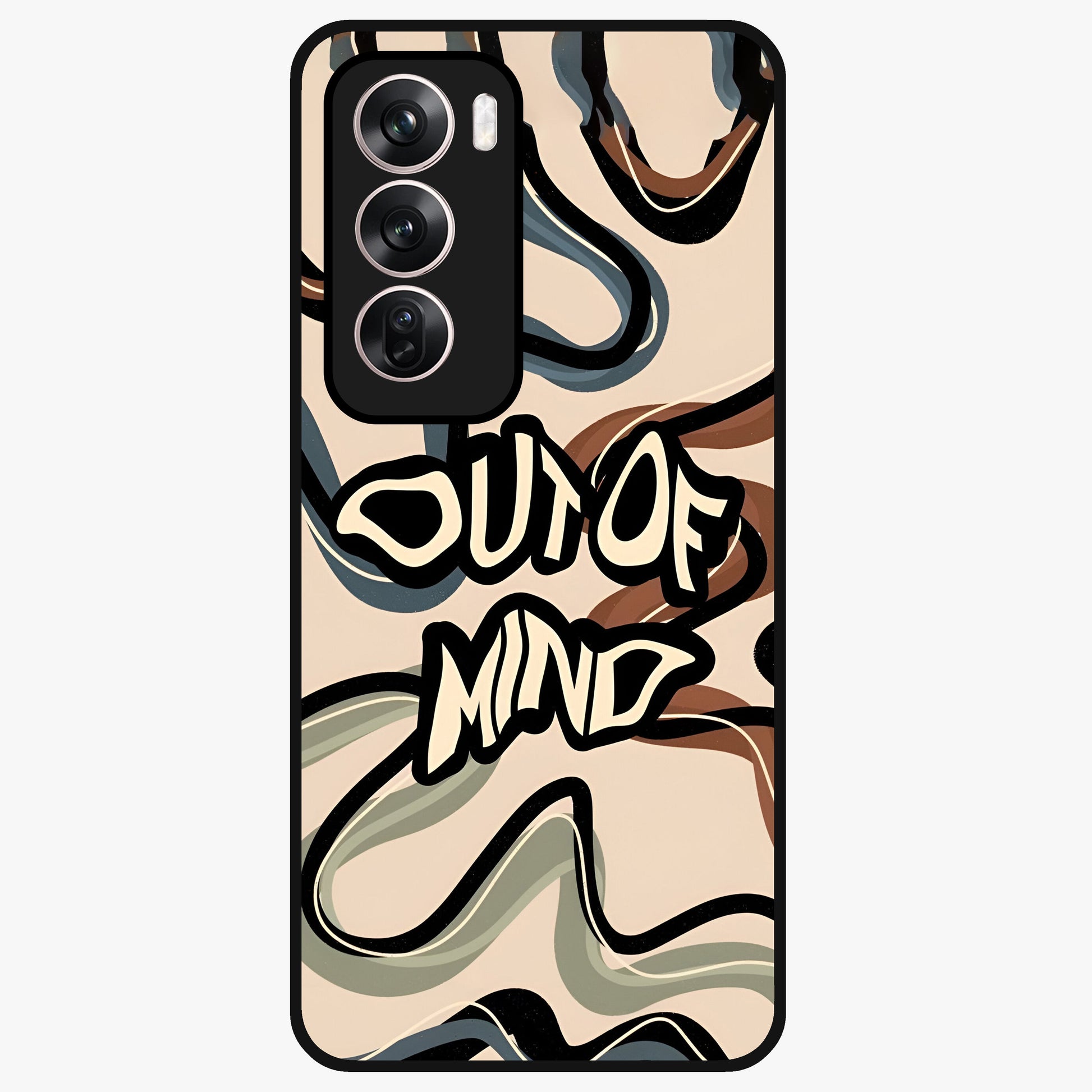 Out Of Mind Glass Case showing flat back view with expressive typography artwork and glossy glass finish.