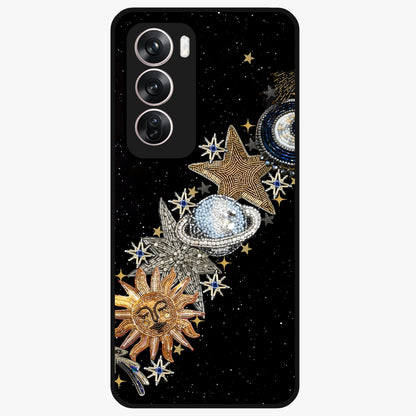Pearls Universe Object Glass Case showing flat back view with pearl inspired cosmic artwork and glossy glass finish.