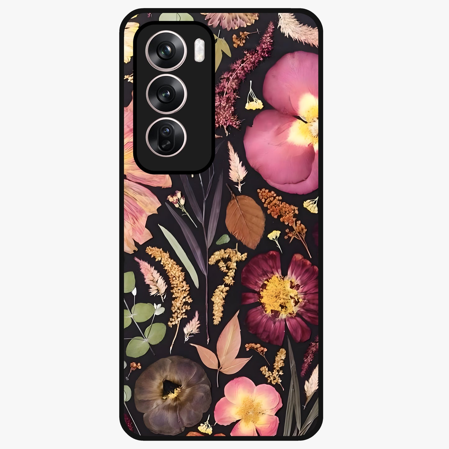 Petal Dream Tapestry Glass Case showing flat back view with intricate floral tapestry artwork and glossy glass finish.