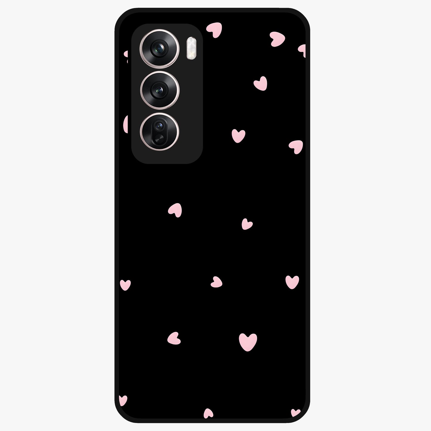Pink Love Drops Glass Case showing flat back view with playful pink heart drops artwork and glossy glass finish.