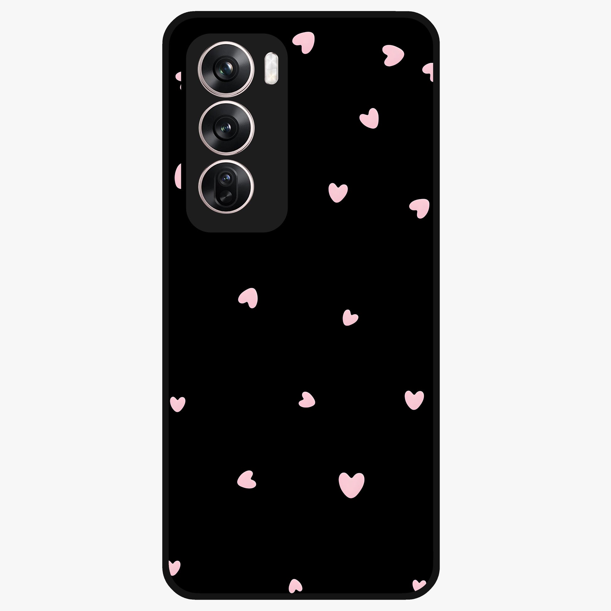 Pink Love Drops Glass Case showing flat back view with playful pink heart drops artwork and glossy glass finish.