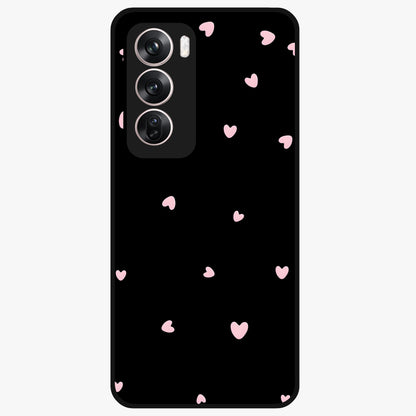 Pink Love Drops Glass Case showing flat back view with playful pink heart drops artwork and glossy glass finish.