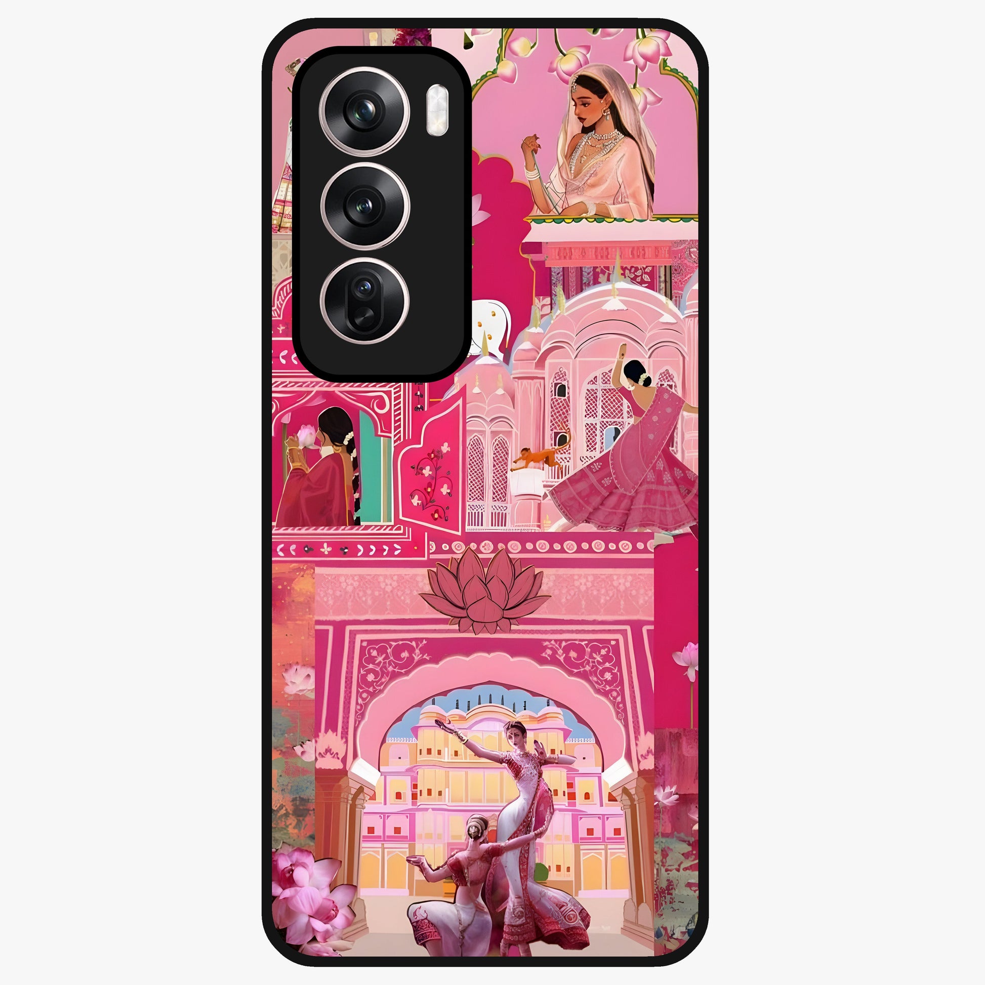 Pink Palace Muse Glass Case showing flat back view with elegant palace inspired artwork and glossy glass finish.