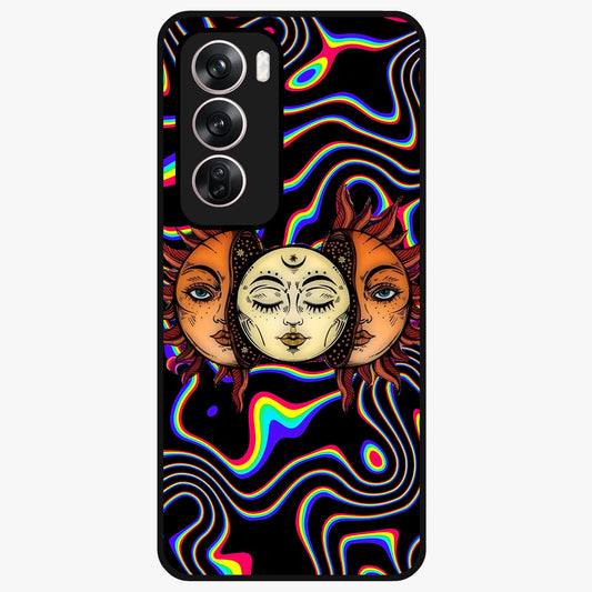 Psychedelic Sun Glass Case showing flat back view with colorful psychedelic sun artwork and glossy glass finish.