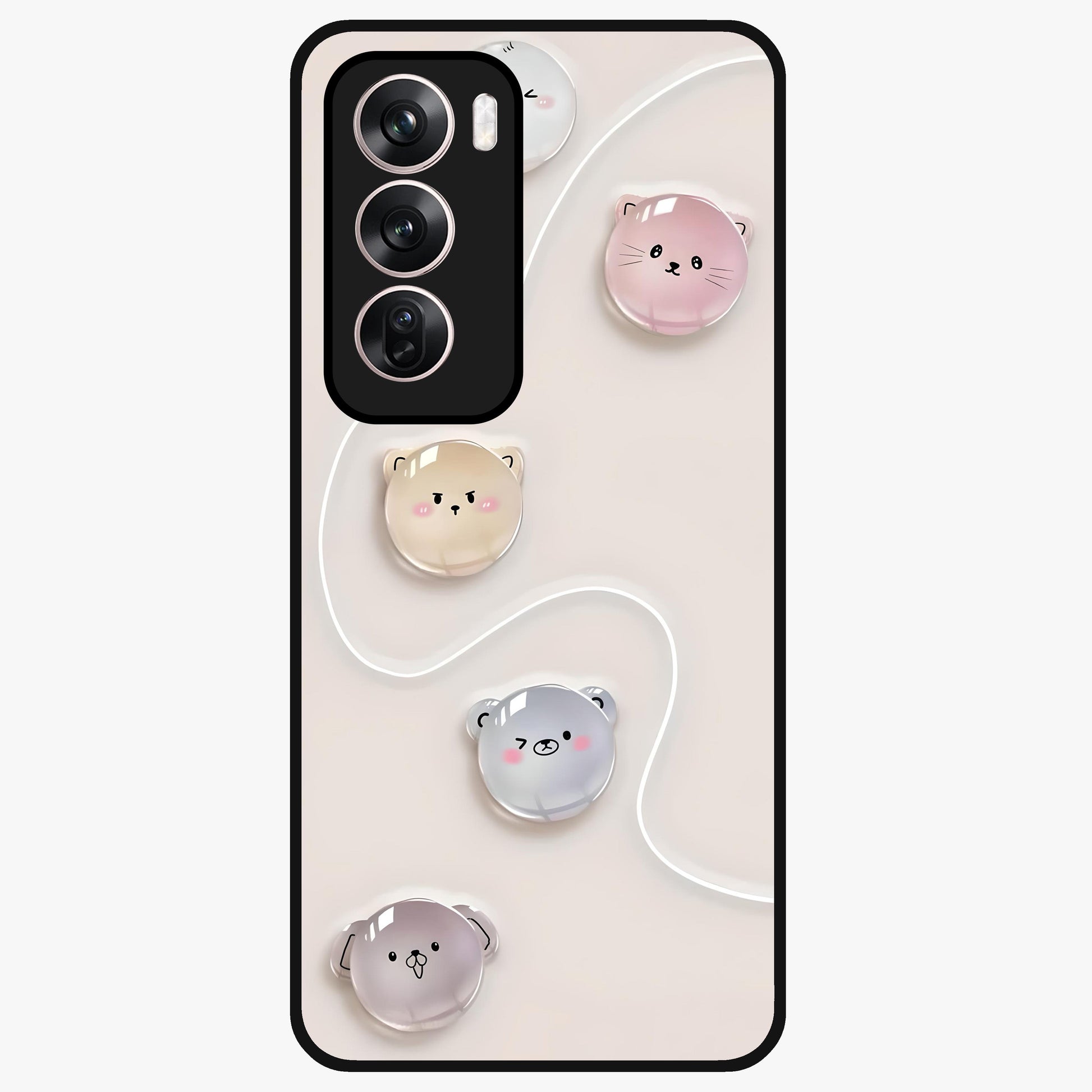 Puffy Face Parade Glass Case showing flat back view with cute puffy character faces artwork and glossy glass finish.