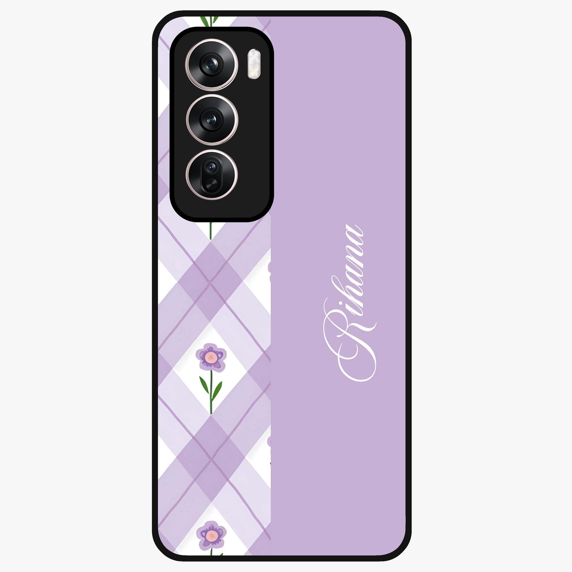 Purple Diamond Floral Glass Case showing flat back view with diamond shaped floral artwork and glossy glass finish.