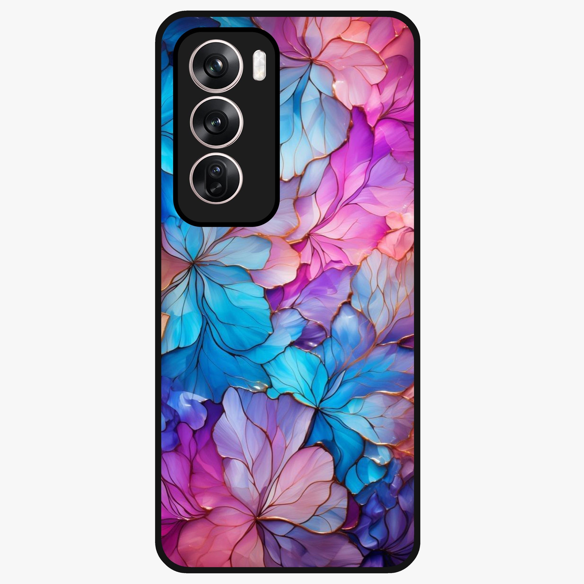Radiant Floral Whirl Glass Case showing flat back view with swirling floral artwork and glossy glass finish.