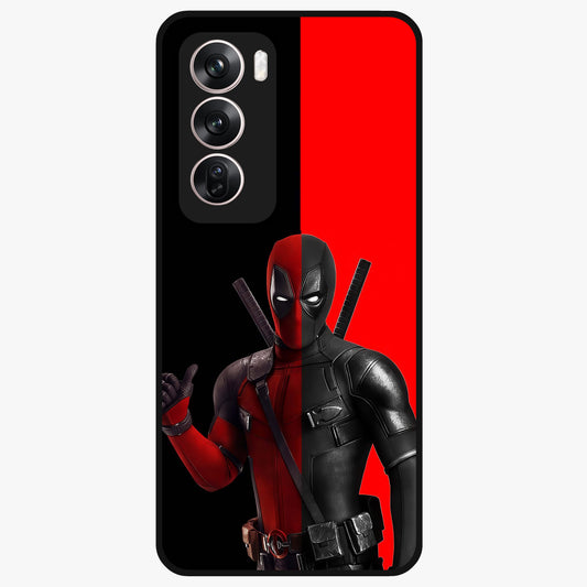 Red & Black Deadpool Theme Glass Case showing flat back view with bold comic inspired artwork and glossy glass finish.