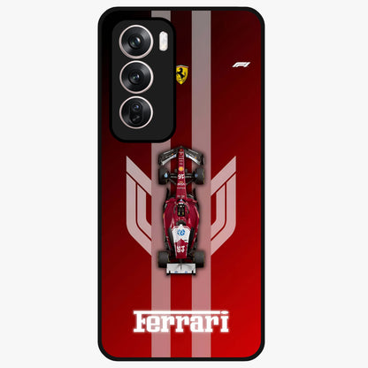 Red Ferrari F1 Vertical Glass Case showing flat back view with sleek Formula racing car artwork and glossy glass finish.