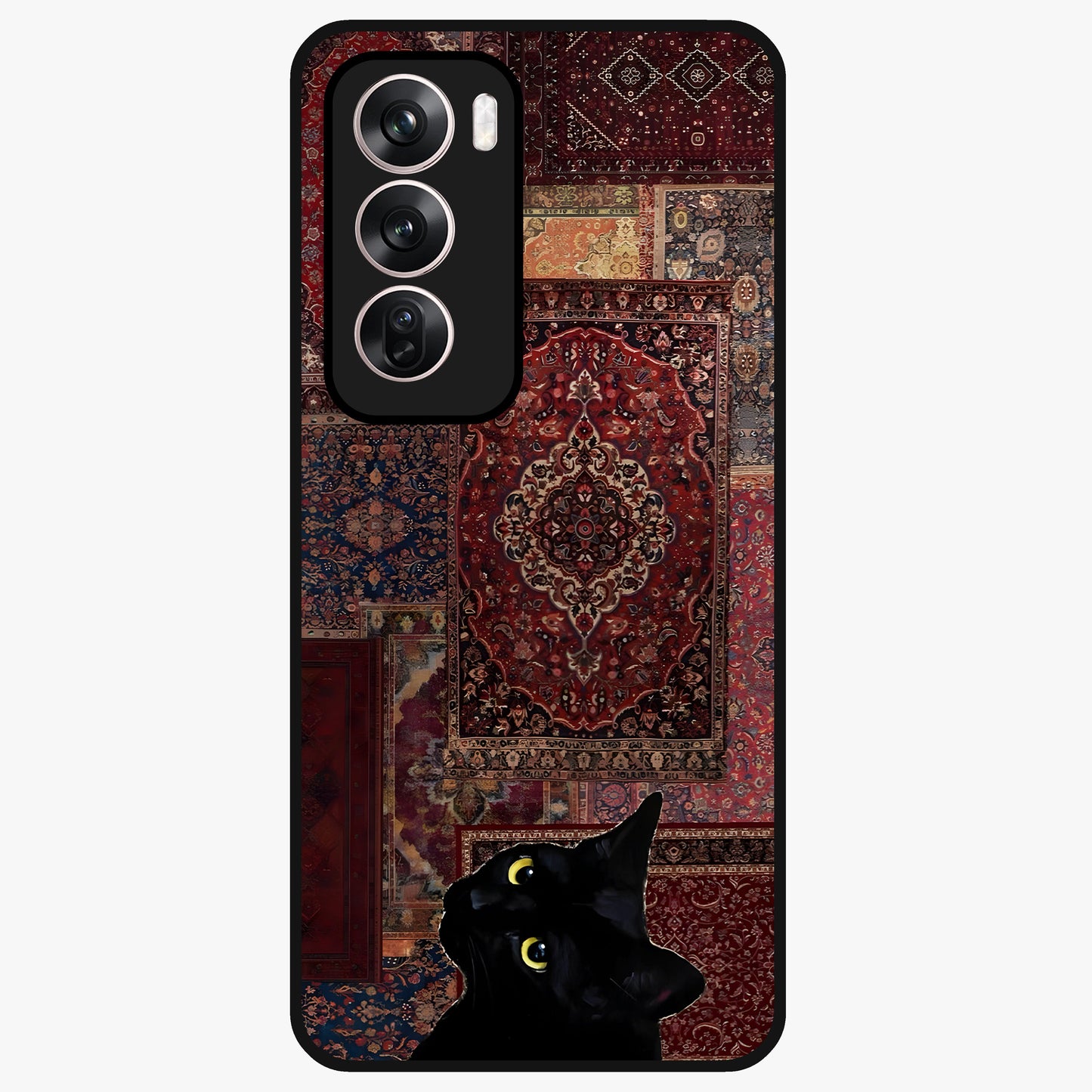 Regal Magic Cat Apple Glass Case showing flat back view with magical cat artwork holding apple and glossy glass finish.