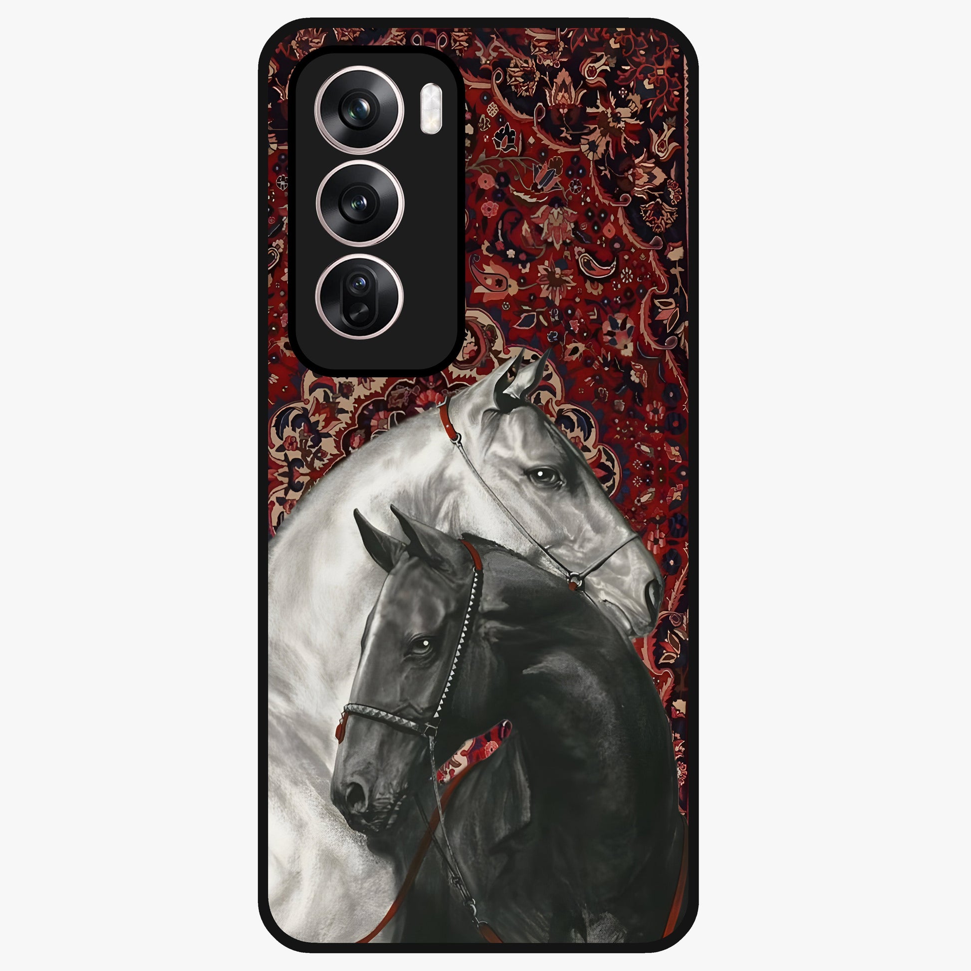 Regal Stallion Tapestry Glass Case showing flat back view with majestic horse tapestry artwork and glossy glass finish.