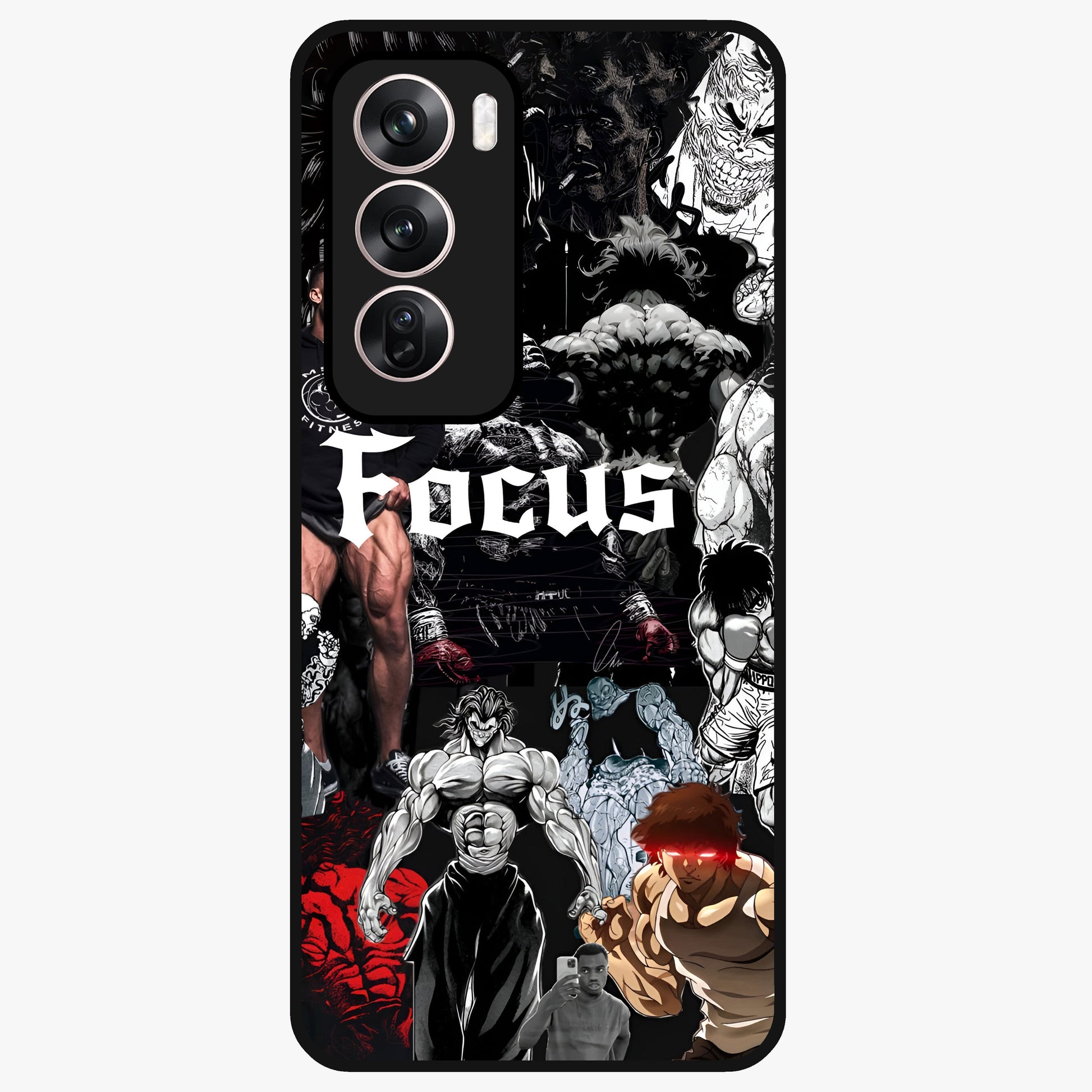 Relentless Power Focus Glass Case showing flat back view with motivational typography artwork and glossy glass finish.