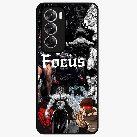 Relentless Power Focus Glass Case showing flat back view with motivational typography artwork and glossy glass finish.