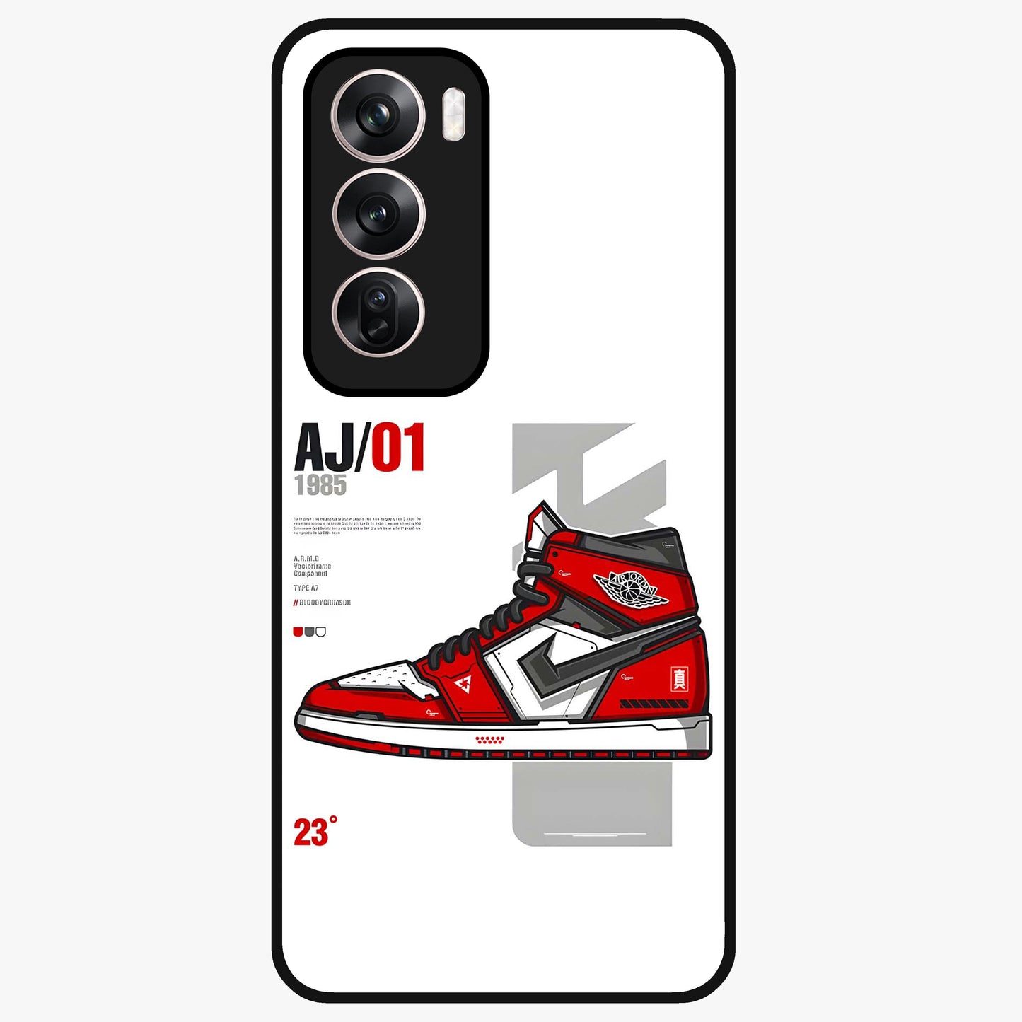 Retro Sneaker Blueprint Glass Case showing flat back view with sneaker blueprint style artwork and glossy glass finish.