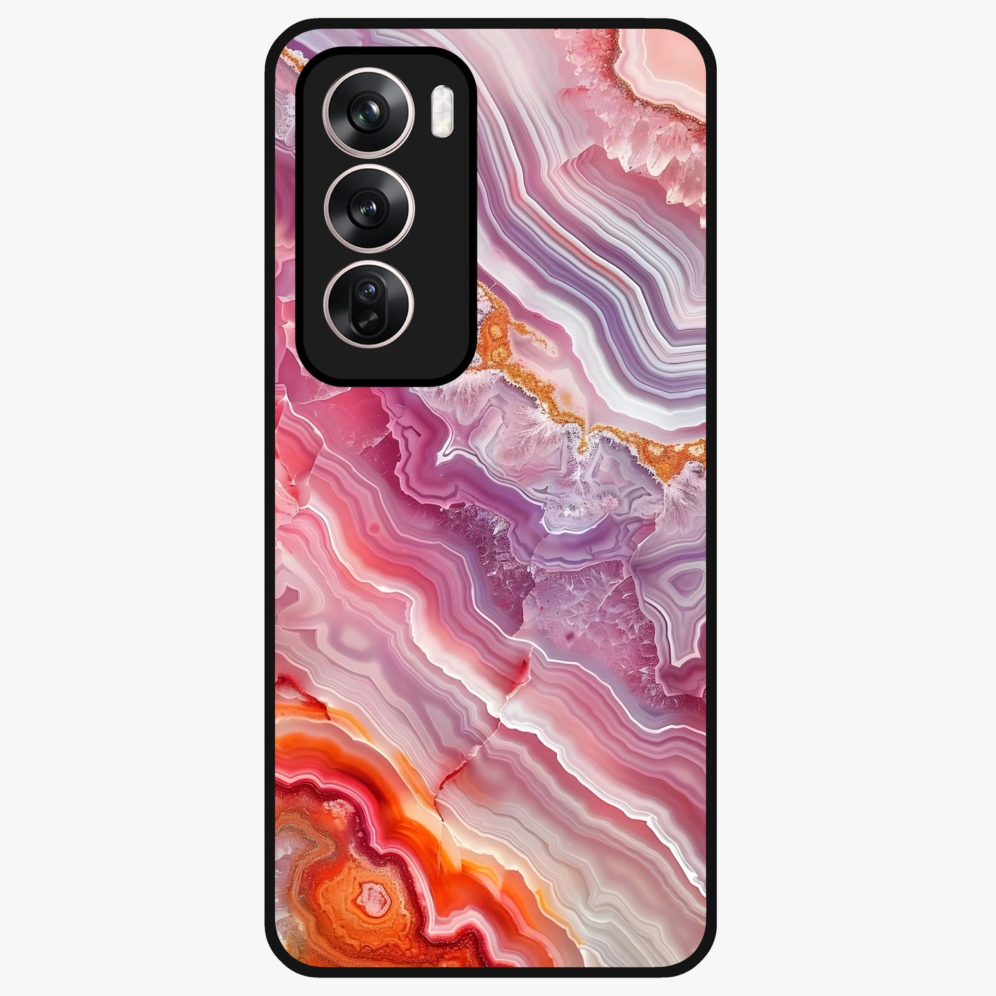 Rose Quartz Marble Glass Case showing flat back view with pink marble quartz texture artwork and glossy glass finish.