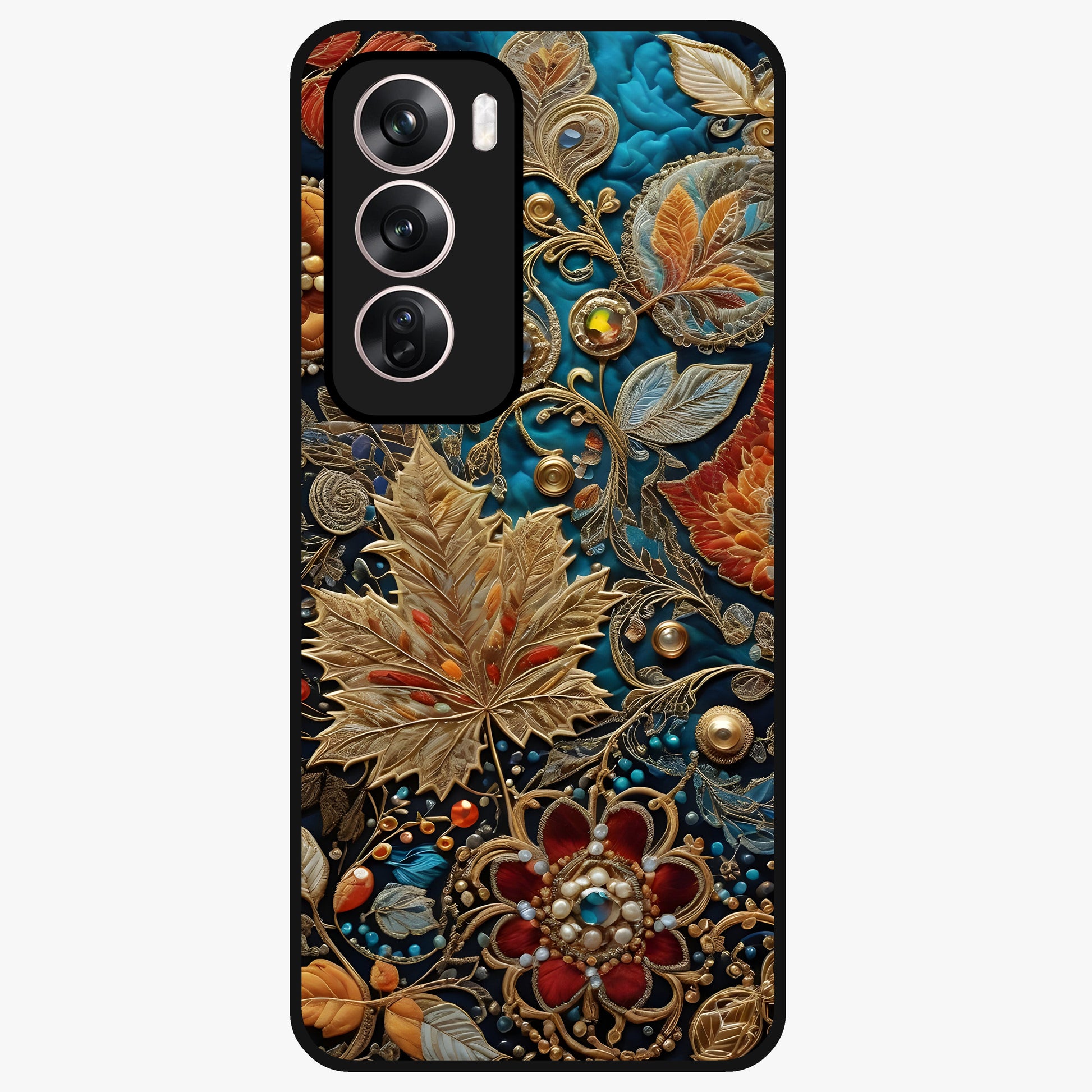 Royal Jewel Garden Glass Case showing flat back view with decorative floral garden artwork and glossy glass finish.