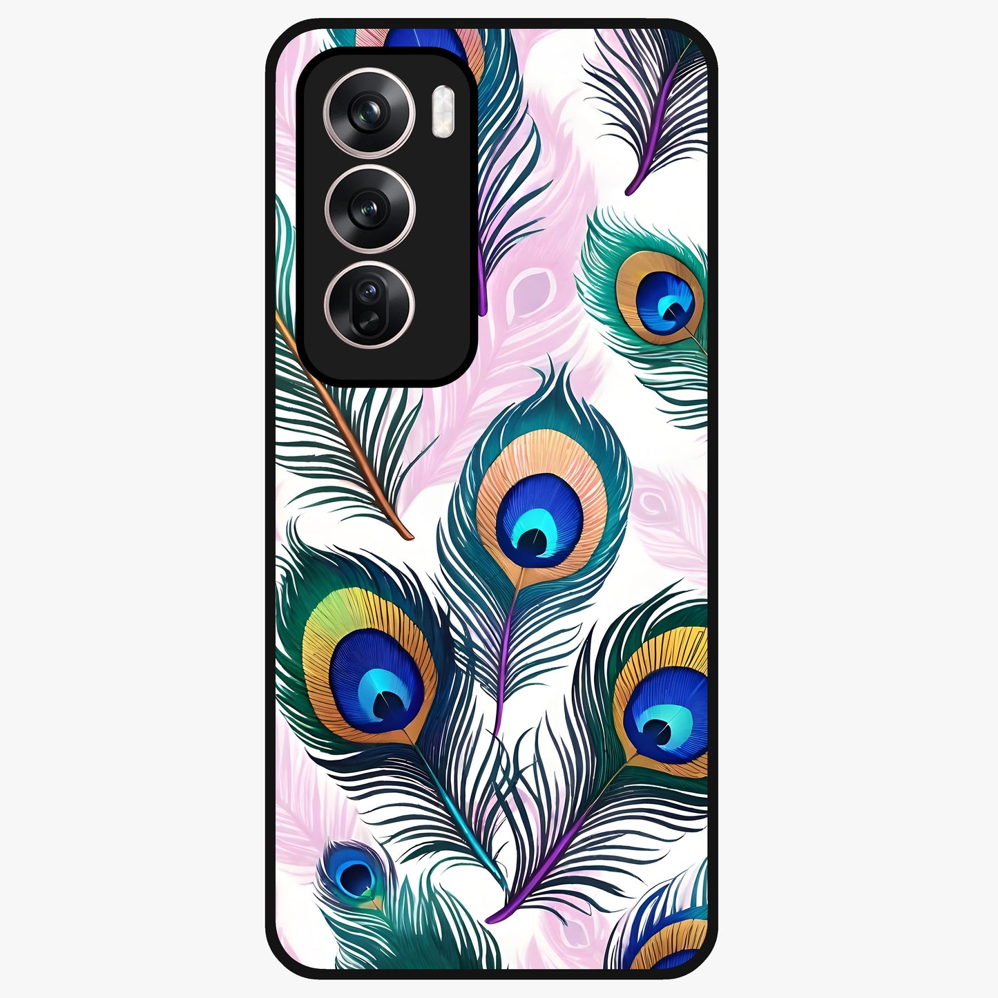 Royal Peacock Feathers Glass Case showing flat back view with colorful peacock feather artwork and glossy glass finish.