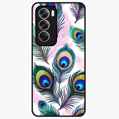 Royal Peacock Feathers Glass Case showing flat back view with colorful peacock feather artwork and glossy glass finish.