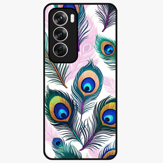 Royal Peacock Feathers Glass Case showing flat back view with colorful peacock feather artwork and glossy glass finish.