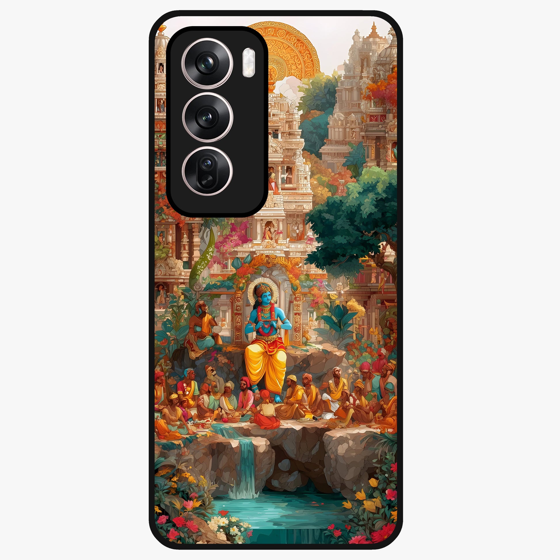 Sacred Sunlight Gods Glass Case showing flat back view with divine sunlight themed artwork and glossy glass finish.