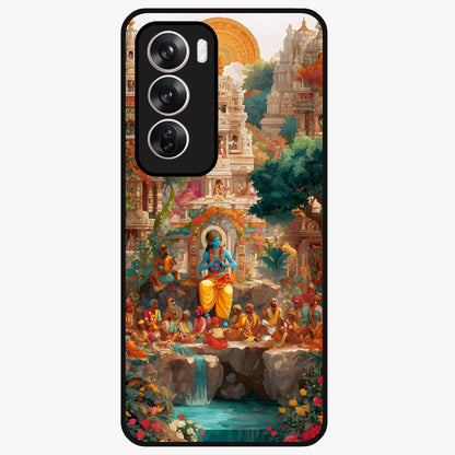 Sacred Sunlight Gods Glass Case showing flat back view with divine sunlight themed artwork and glossy glass finish.
