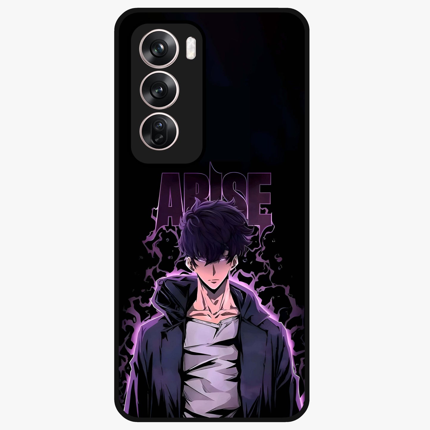 Shadow Monarch Awakening Glass Case showing flat back view with powerful dark monarch themed artwork and glossy glass finish.