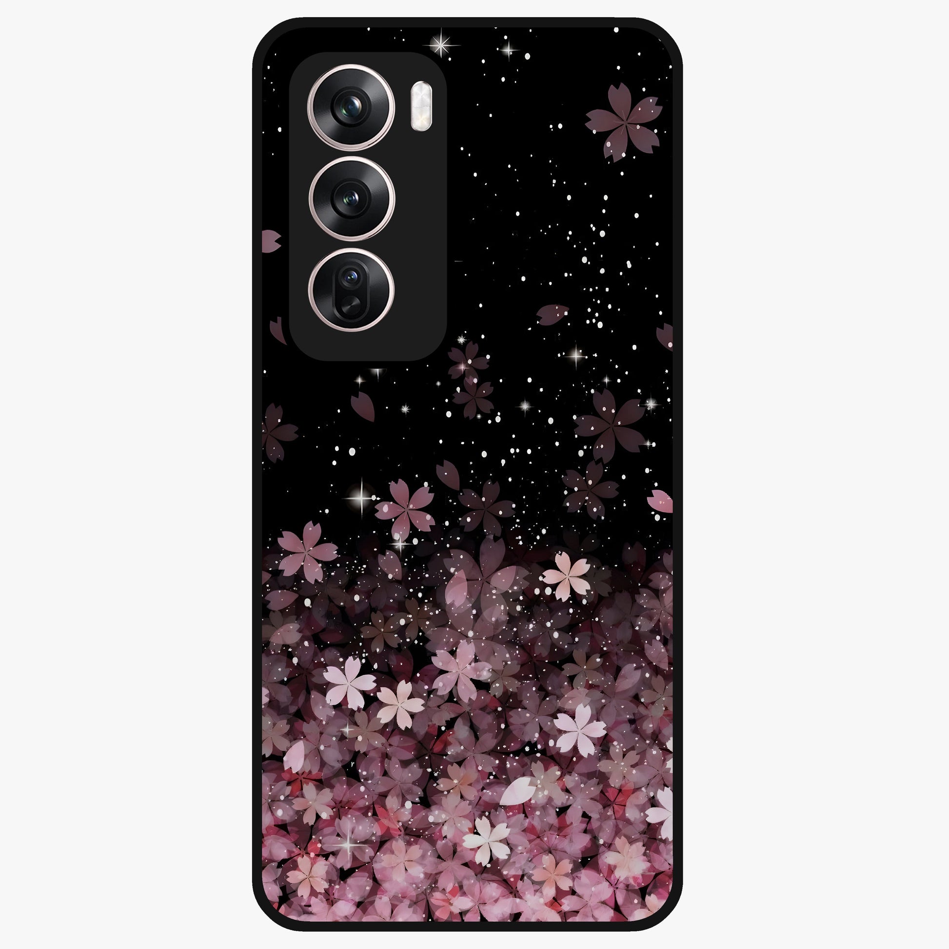 Small Starry Flowers Glass Case showing flat back view with delicate starry floral artwork and glossy glass finish.