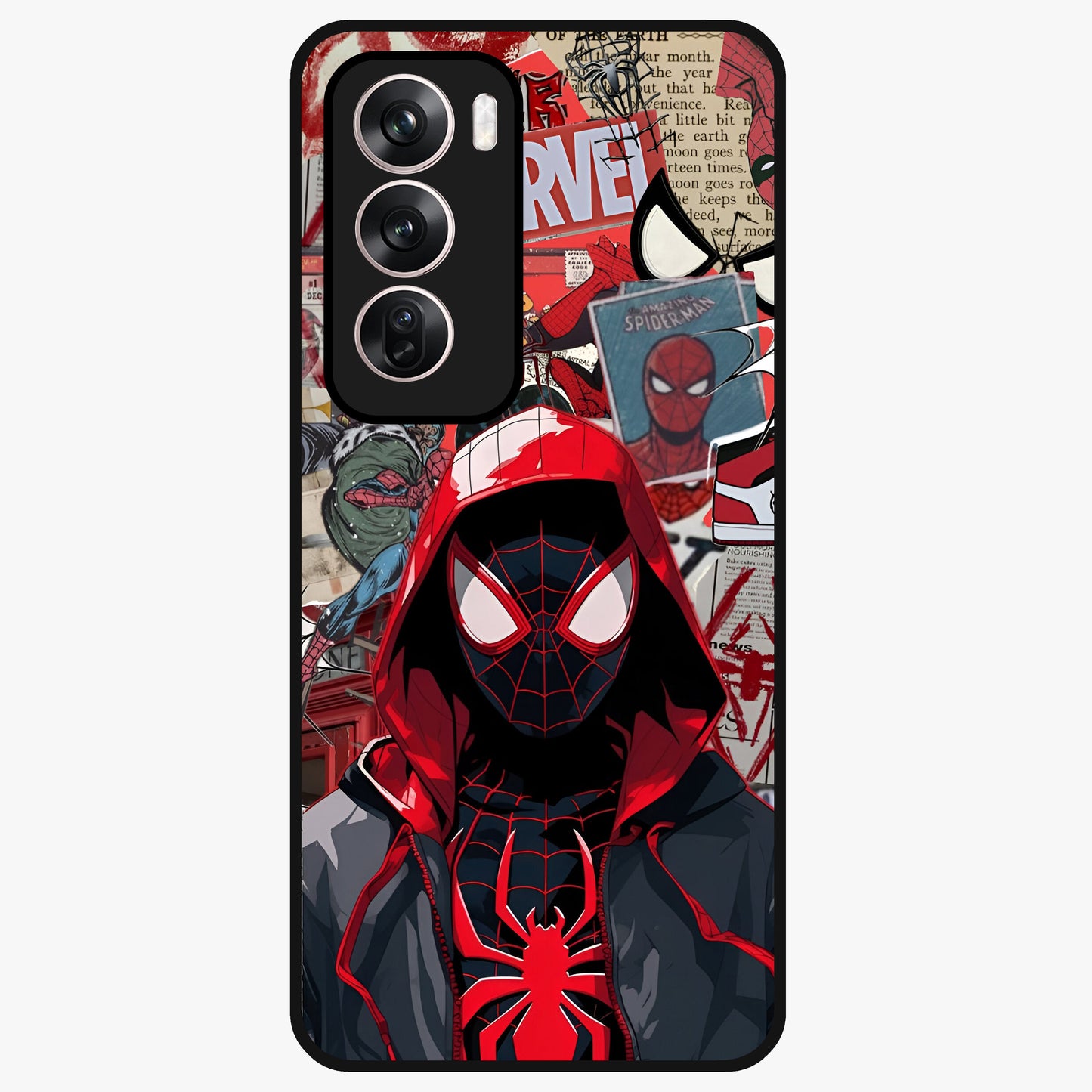 Spider Collage Street Glass Case showing flat back view with vibrant superhero collage artwork and glossy glass finish.