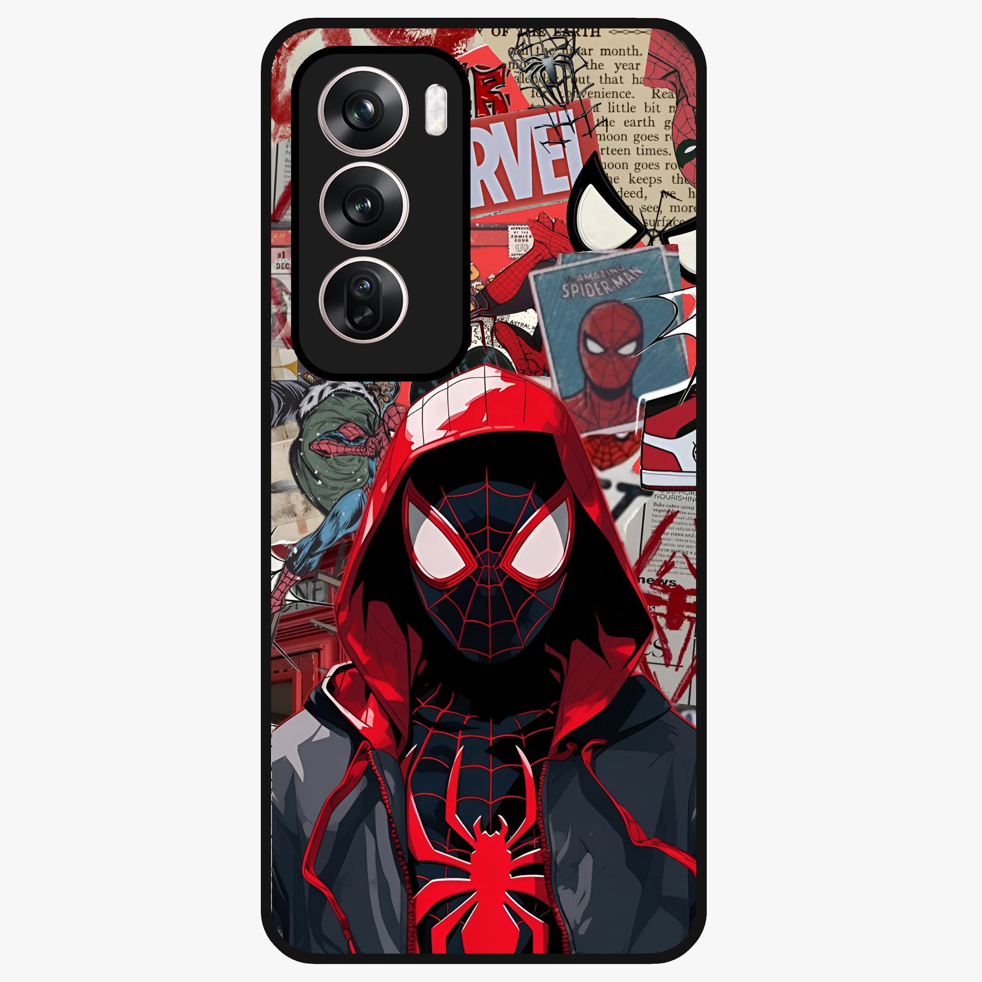 Spider Collage Street Glass Case showing flat back view with vibrant superhero collage artwork and glossy glass finish.