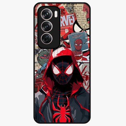 Spider Collage Street Glass Case showing flat back view with vibrant superhero collage artwork and glossy glass finish.