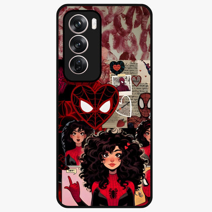 Spider Love Story Glass Case showing flat back view with romantic superhero themed artwork and glossy glass finish.