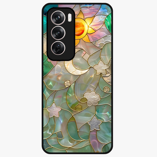 Stained Sunrise Glow Glass Case showing flat back view with glowing sunrise stained pattern artwork and glossy glass finish.