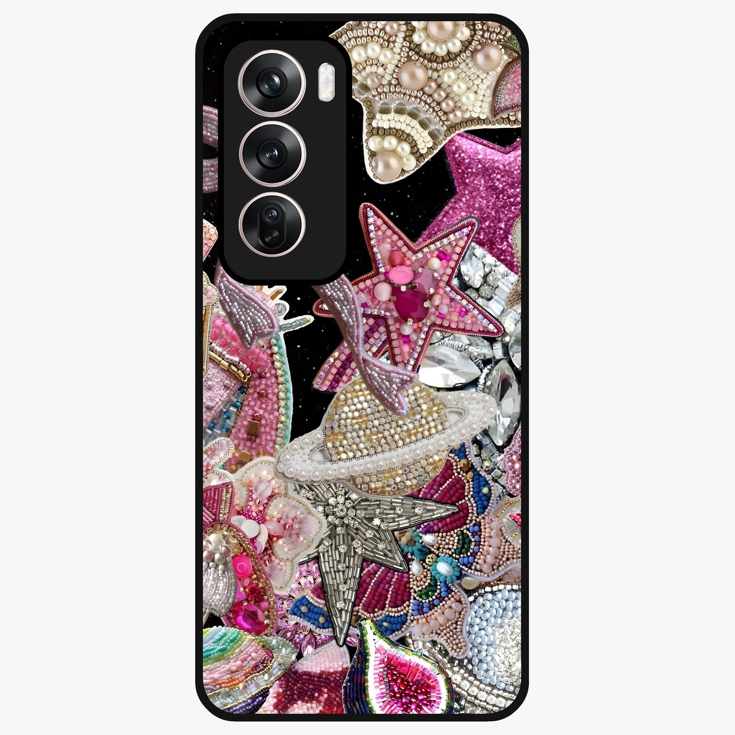 Starlit Jewel Dream Glass Case showing flat back view with sparkling jewel and star themed artwork and glossy glass finish.