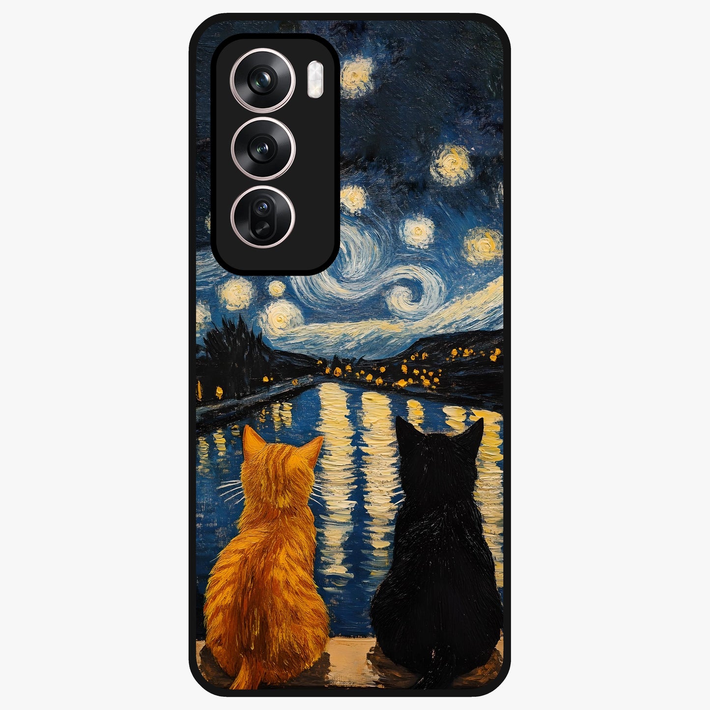 Starry River Cats Glass Case showing flat back view with cats by a starry river artwork and glossy glass finish.
