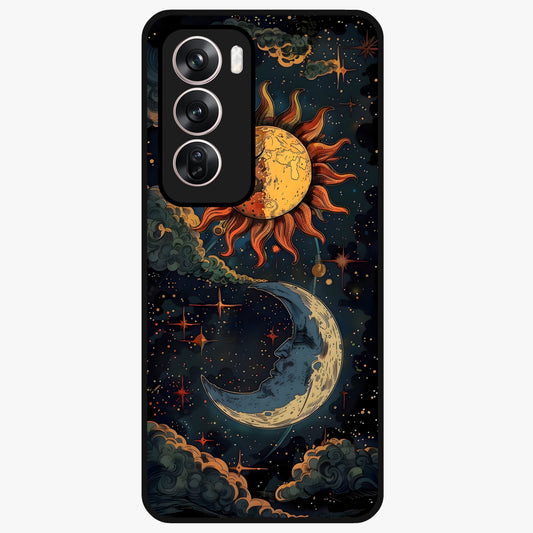 Sun And Moon Magic Design Glass Case showing flat back view with mystical sun and moon artwork and glossy glass finish.