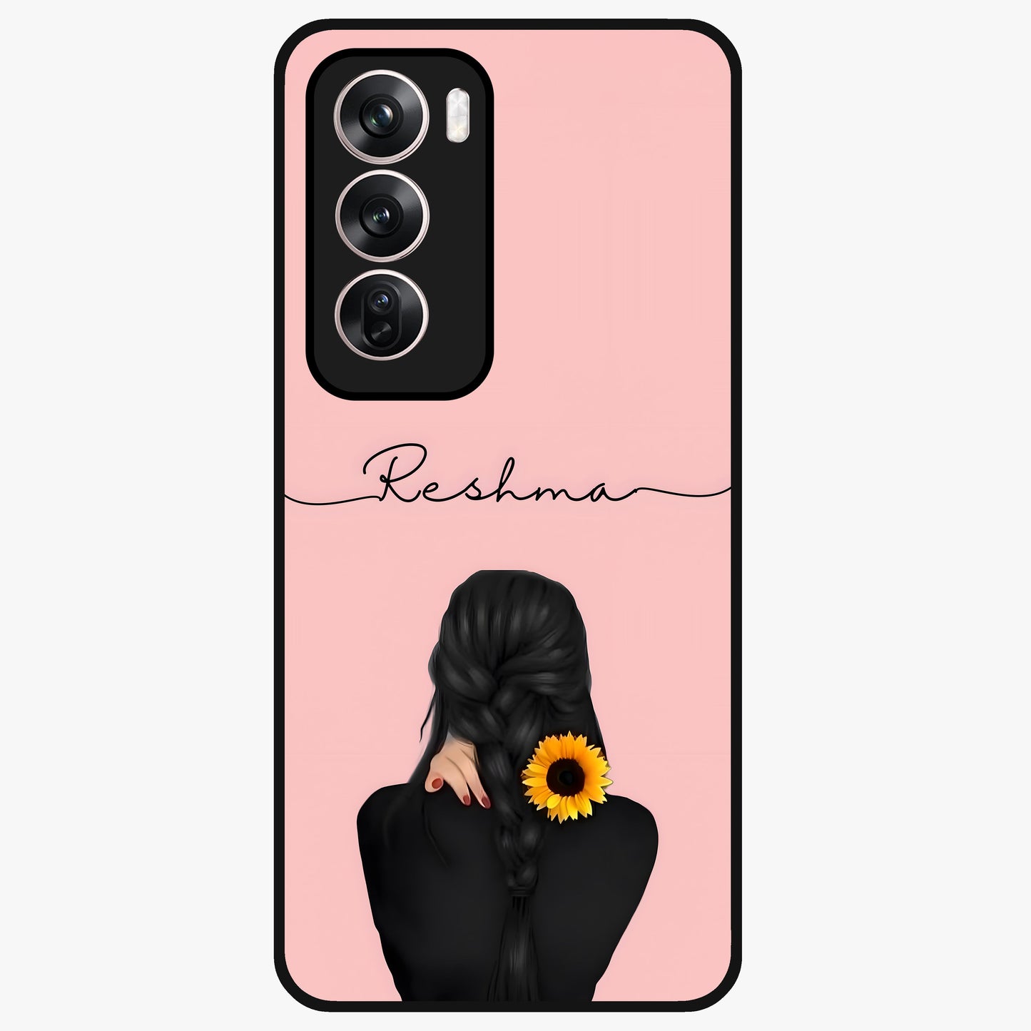Sunflower Braid Beauty With Custom Name Glass Case showing flat back view with sunflower braid artwork and personalized name design.