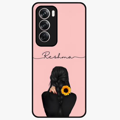Sunflower Braid Beauty With Custom Name Glass Case showing flat back view with sunflower braid artwork and personalized name design.