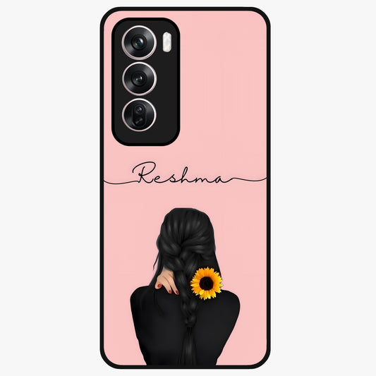 Sunflower Braid Beauty With Custom Name Glass Case showing flat back view with sunflower braid artwork and personalized name design.