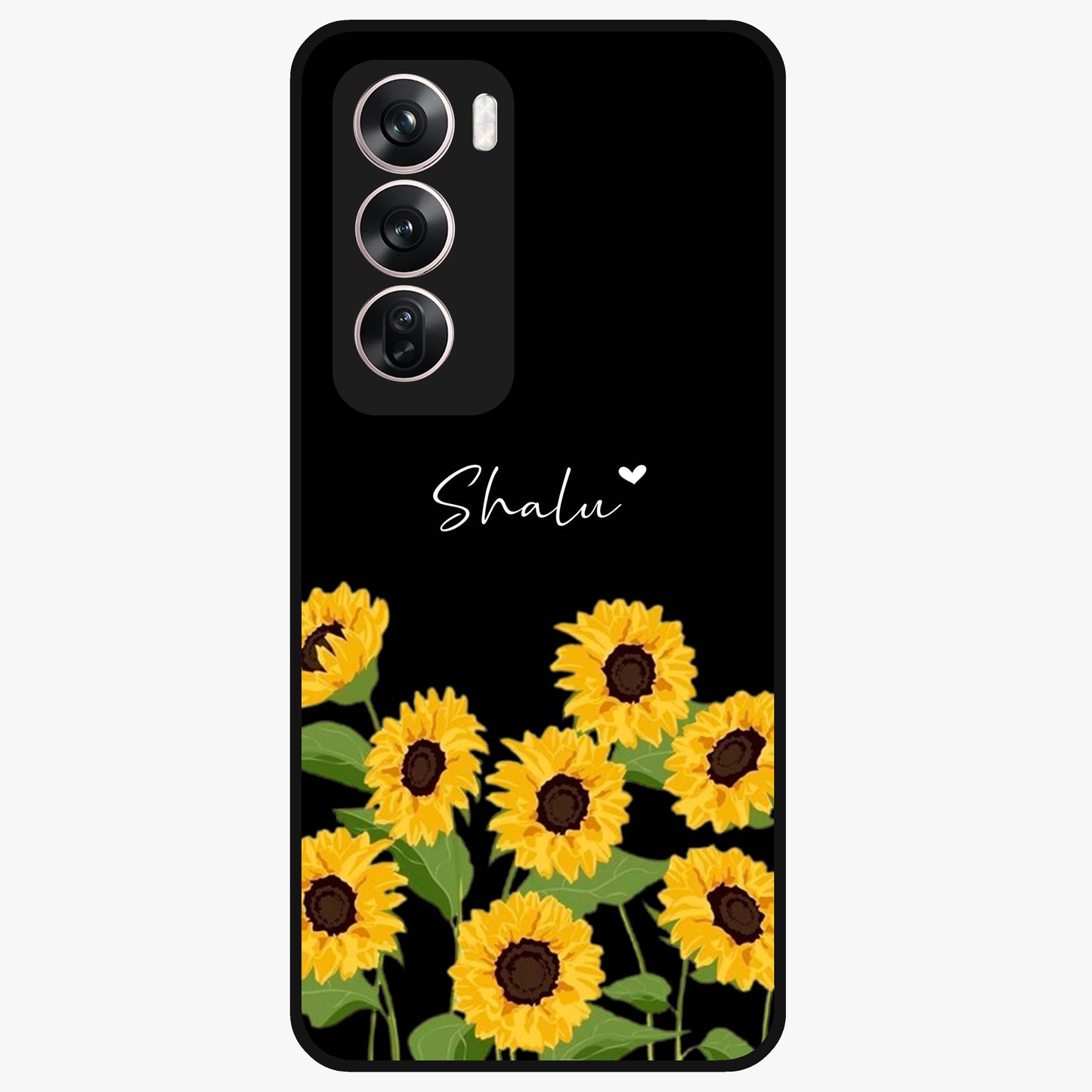 Sunflower Chic Mood Custom Name Glass Case showing flat back view with stylish sunflower artwork and personalized name design.