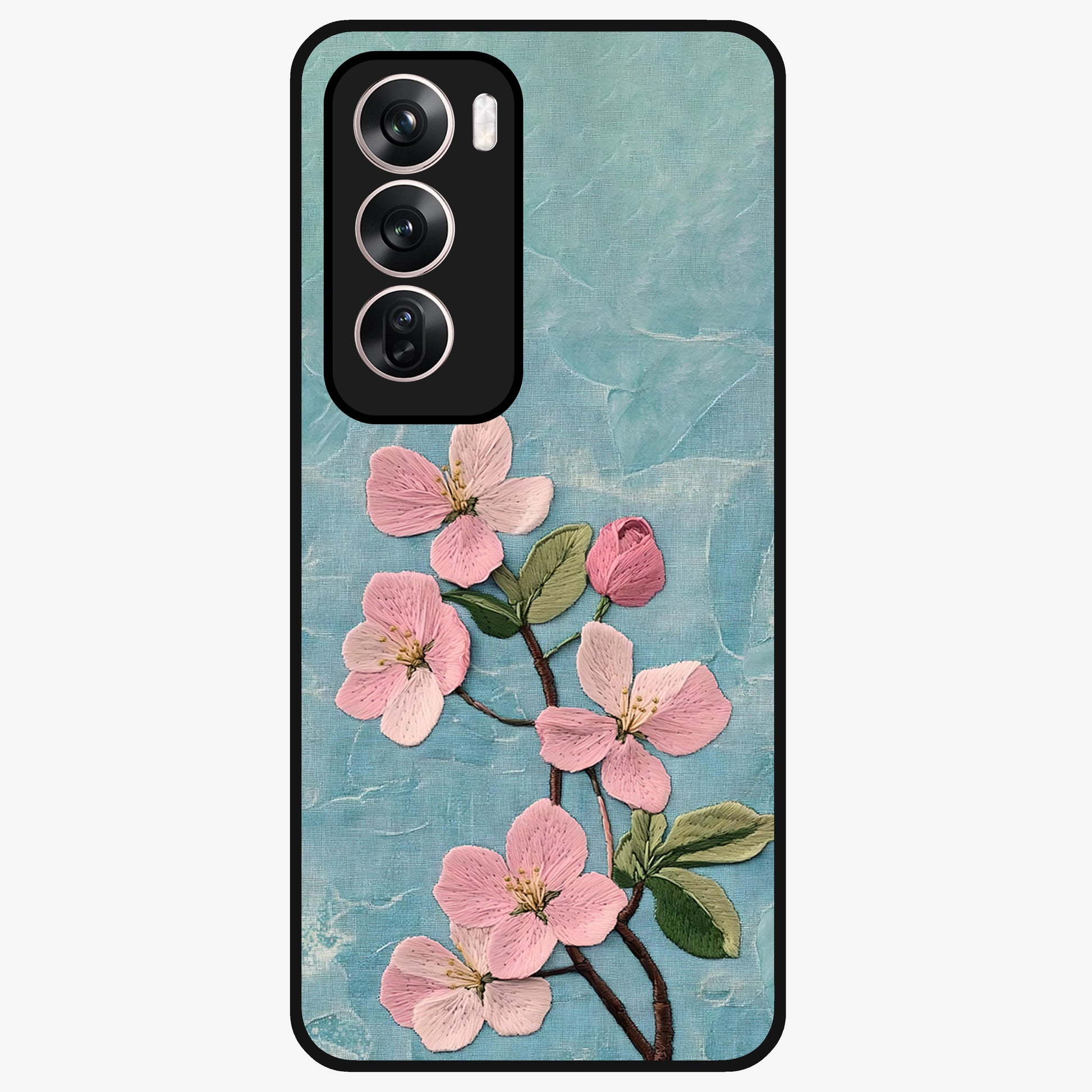 Threaded Blossom Breeze Glass Case showing flat back view with delicate blossom artwork and glossy glass finish.