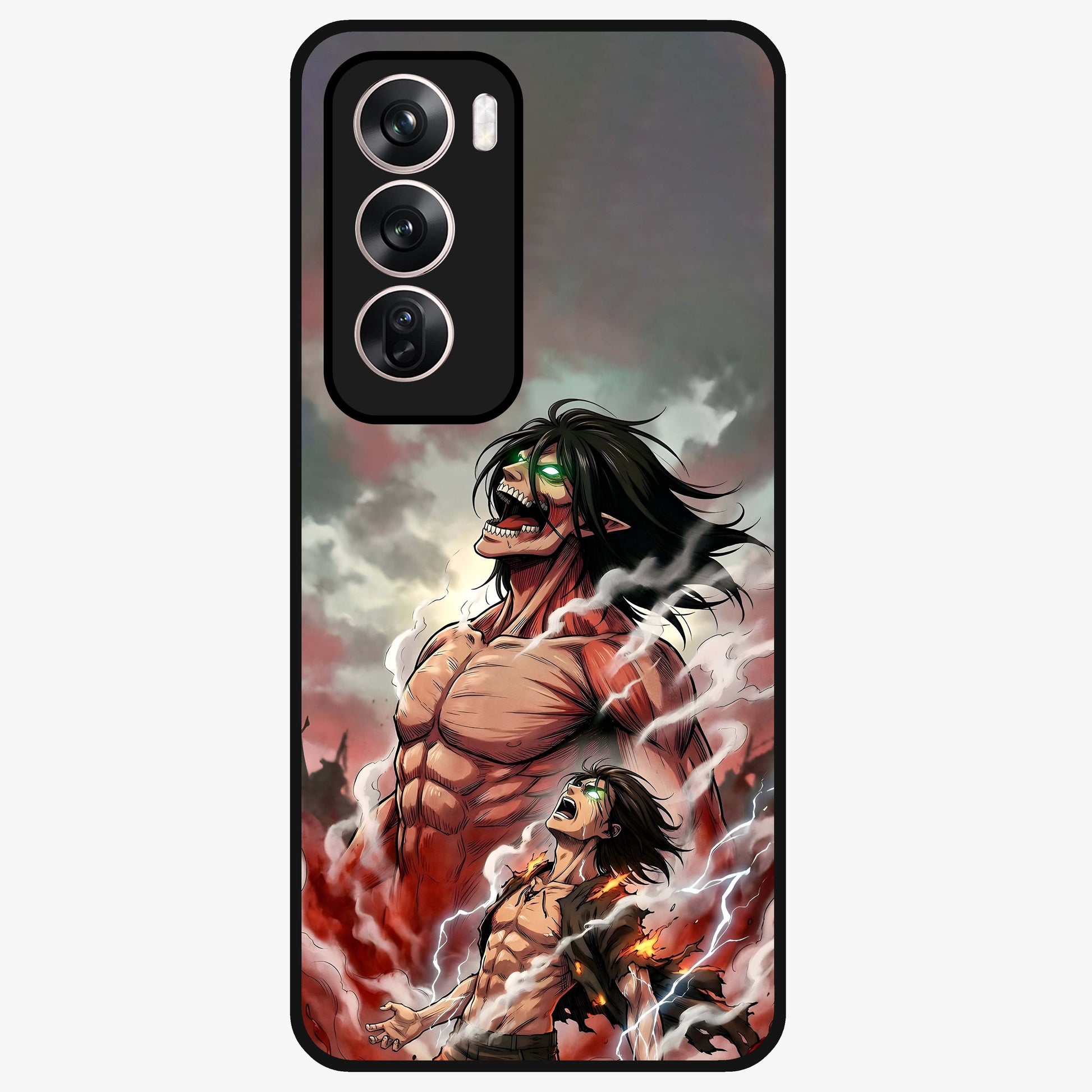 Titan Awakening Fury Glass Case showing flat back view with powerful titan inspired artwork and glossy glass finish.