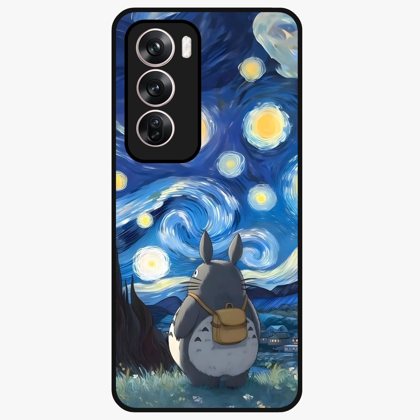 Totoro In Van Gogh Art Glass Case showing flat back view with whimsical character artwork inspired by Van Gogh style and glossy glass finish.